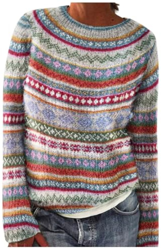 TBloevwlh Bunte Kaschmir Cashmere Pullover Damen Pullover Damen Y2K Vintage Geometrische Plaid Sweater Langarm Loose Rundhals Strickpullover Casual Sweatshirt Pulli Elegant Jumper Oberteile Oversize