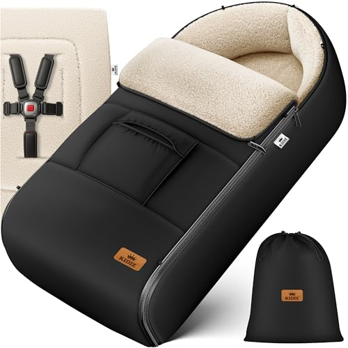 Kidiz® Babyfußsack Winterfußsack Kinderwagen, Universal Fußsack Buggy/Babyschale mit Lammfleece, 3- & 5-Punkt-Gurt, wasserdicht, winddicht, Reißverschluss, Baby Kuschelsack Winter, waschbar, Schwarz