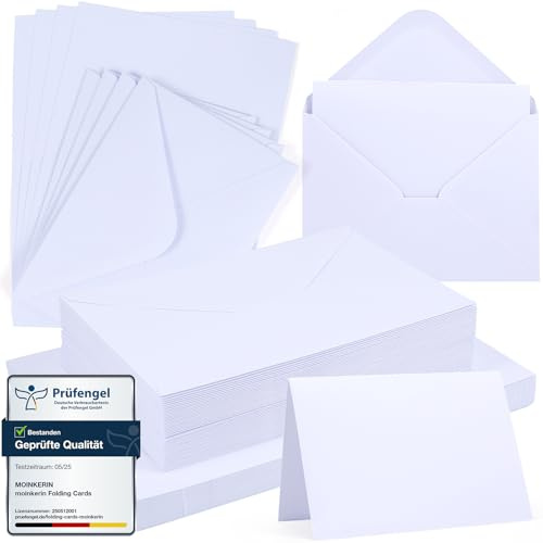 moinkerin 50x Klappkarten blanko mit Umschlägen (250g/m² A6) + 50x C6-Briefumschläge | Kraftpapier Umschlag Set für Hochzeitskarten, DIY Einladungen, Geburtstag & Weihnachtsgrüß (Weiß)
