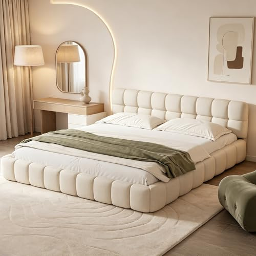 DULRLLY Bubble Bett 140x200, Bett 140x200 mit Lattenrost, Jugendbett mit Gepolstertes Kopfteil, Polsterbett Bettgestell für Schlafzimmer und Gästezimmer, ohne Matratze, Leinenstoff (Beige)
