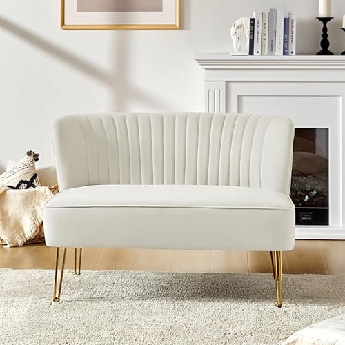 HULALA HOME Sofa 2 Sitzer Lounge Sofa Klein für Jugendzimmer Wohnzimmer Couch aus Samt mit goldenen Metallbeinen für Schlafzimmer, 114 x 74 x 79 cm, Weiß
