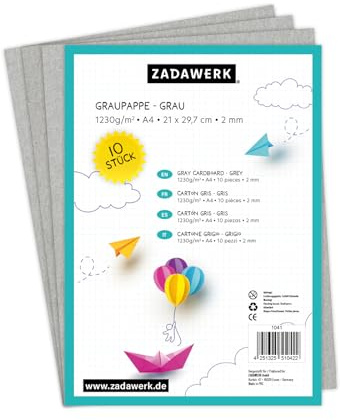ZADAWERK® Graupappe - 2 mm - 1230 g/m² - DIN A4 - Buchbinderpappe grey - 10 Stück stark – Bastelkarton - Modellbaupappe - Einlegekarton - Archivpappe - Rückwandkarton