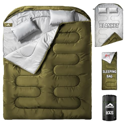 MEREZA Doppelschlafsack für Erwachsene und Herren, mit Kissen, XL, Queen-Size-Größe, 2-Personen-Schlafsack für alle Jahreszeiten, Camping, Wandern, Rucksackreisen, 2-Personen-Schlafsäcke für kaltes