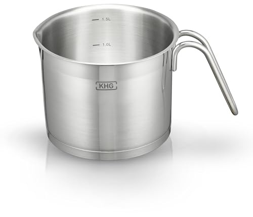 KHG Topf Kochtopf Milchtopf 14 cm Induktion, Edelstahl unbeschichtet | 12 cm hoher Rand, 1,5 Liter Volumen | spülmaschinengeeignet, für alle Herdarten geeignet