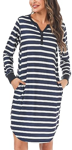 Nieery Nachthemd Damen Langarm Gestreift Sleepshirt mit Knopfleiste M-3XL | Bequem, weich und atmungsaktiv, mit zwei Taschen – perfekt als entspannendes Winternachthemd
