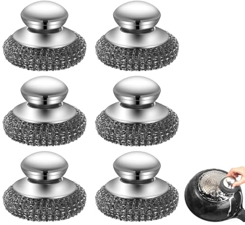 6-tlg. Stahlwolle-Scheuerschwämme aus Edelstahl, mit Griff | Für hartnäckigen Schmutz in Töpfen und Pfannen; 6 Stahlschwämme aus Edelstahl mit Griff.