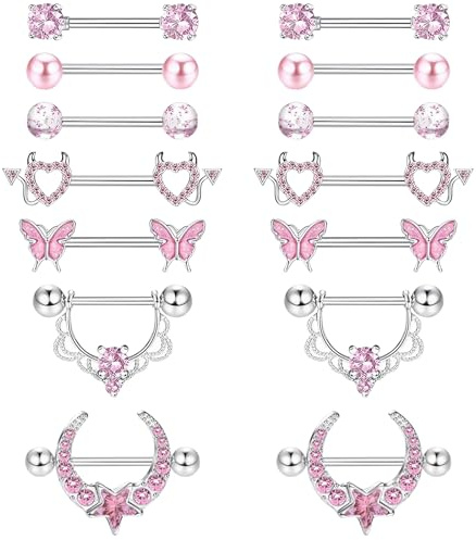 DXiongW 7 Paar 14G Nippelpiercing Chirurgenstahl 16 mm Brustwarzenpiercing | Nippelringe Edelstahl Barbell Piercing Rosa Schmetterling Herz Körperpiercing Schmuck Set für Damen