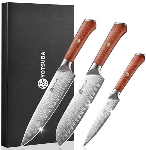 YOTSUBA Messerset 3-teilig, Japanisches Küchenmesser set Hochwertigem Carbon Edelstahl, Ultra Scharfes Messer Set mit Chefmesser Santokumesser Allzweckmesser