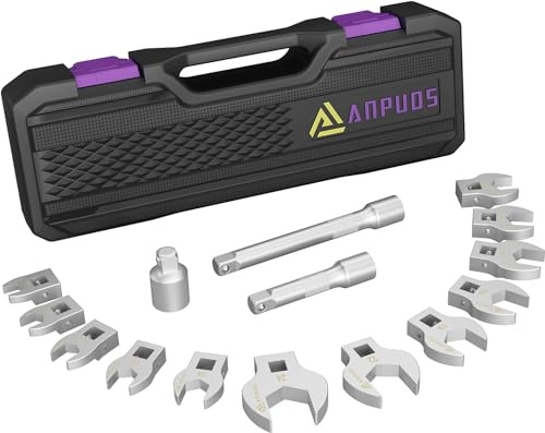 ANPUDS Hahnenfußschlüssel, 15-tlg. 3/8 V-Typ Drehmoment Gabelschlüssel Satz Metrisch, Maulschlüssel Set mit 75/125mm Verlängerungsstange 1/2''-3/8'' Adapter Tragbare Aufbewahrungsbox