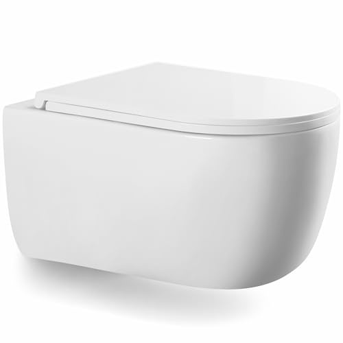 LARDECOR - Kompaktes Wand-WC Spülrandlos Rimless - Keramik Hänge-WC mit UF Hartdeckel Sitz Extraflach Soft-Close Absenkautomatik - Einfachspülung Wassersparend - 530x365x365 mm (Weiß)