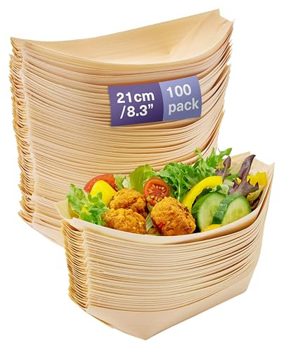 MATANA 100 Schiffchen Snackschalen, 21cm - Bambus Schalen, Einwegschalen, Pommesschalen - Stabil, Umweltfreundlich & Biologisch Abbaubar - Hochzeiten, Geburtstage, Grillpartys