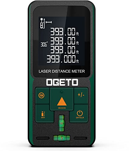 Laser Entfernungsmesser, OGETO Laser Entfernungsmesser mit LCD Hintergrundbeleuchtung, 99 Datensätze, M/In/Ft, Elektronischer Winkel, Pythagoras/Abstand/Fläche/Volumen Messungen