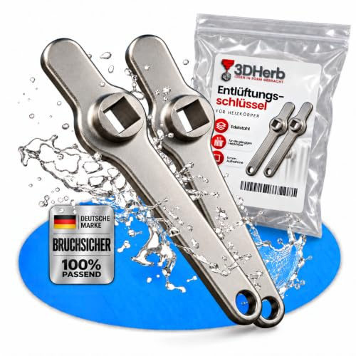 3DHerb Entlüftungsschlüssel, Edelstahl Heizungsschlüssel, Heizkörper Entlüftungsgriff, Vierkantschlüssel, Heizung entlüften, aus hochwertigem Edelstahl - DAS ORIGINAL - (2 Stück)