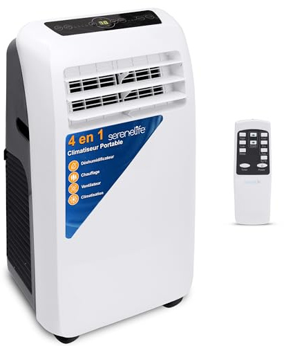 SereneLife Klimaanlage mobil 4-in-1: Luftkühler, Ventilator, Luftentfeuchter + Heizung – Tragbares Klimagerät mit Abluftschlauch, Fernbedienung & Kit für Räume bis 42 m² – Fenster-Montage 9,000 BTU