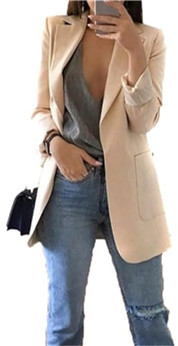 OMZIN Damen Elegant Langarm Blazer Sakko Einfarbig Revers Geschäft Büro Kurz Mantel Anzüge Bolero mit Tasche