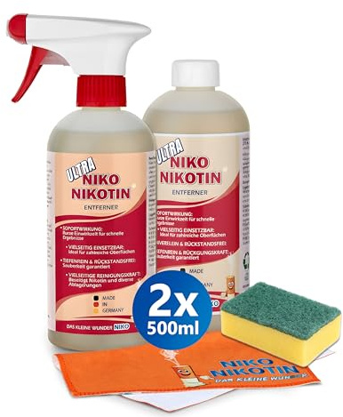 Ultra Profi - Nikotinentferner, verbesserte Rezeptur, 2x500ml mit Reinigungstuch & Schwamm, gegen Nikotin & Vergilbung