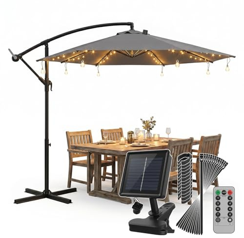 Sekey Sonnenschirm Beleuchtung Solar LED Lichterkette mit 136 LEDs & 8 Glühbirnen, Fernbedienung 8 Modi, Garten Terrasse Party Deko Licht für Ampelschirm und Sonnenschirm
