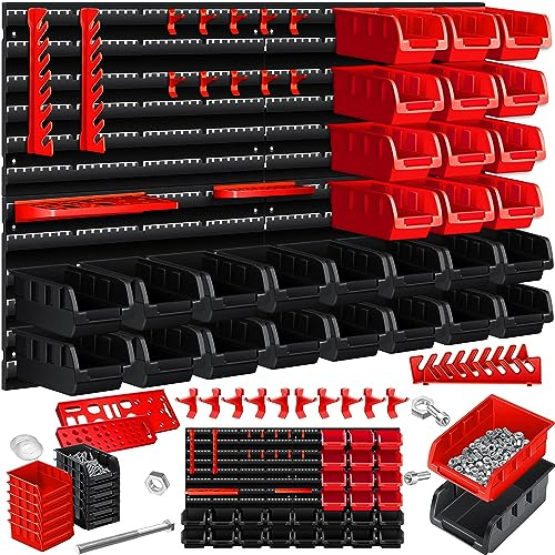 MASKO® Stapelboxen + Wandregal + Werkzeughalter 45-teiliges Set Box erweiterbar Sichtlagerkästen Schüttenregal Steckregal, Hängeregal Sortimentskasten Kleinteilemagazin Werkstatt-Regal Schwarz/Rot