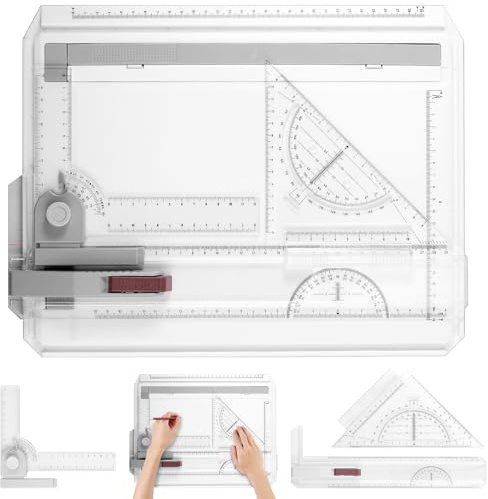 eSynic Zeichenplatte DIN A4 mit Drehkreis Zirkel Einfache Multifunktions Zeichentisch A4 Zeichenbrett Schnellzeichendreieck mit Parallel-Lineal & L-System für Studenten Designer exaktes Arbeiten
