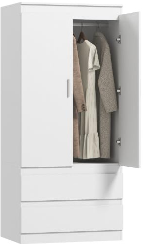 HOMCOM Kleiderschrank mit 2 Soft-Close-Türen, 80 x 55 x 177,5 cm, Weiß | Garderobenschrank, 2 Schubladen, Kleiderstange, 3 Einlegeböden, Drehtürenschrank, Schlafzimmer