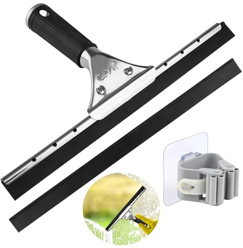 Professioneller Fensterabzieher, 30 cm Edelstahl-Fensterputzer, Schwarz Weichem Gummigriff Fensterwischer, für Glas, Fliesen, Fensterreinigung, Mit Ersatz-Klebestreifen und -Haken