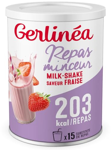 GERLINÉA – Erdbeer-Milchshake – Proteinreicher Mahlzeitenersatz mit 13 Vitaminen & 10 Mineralstoffen – Wenig gesättigte Fette – 15 Mahlzeiten, 436 g
