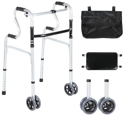 Eulenke Gehhilfe für Senioren, Gehbock Klappbarer mit 2 Lenkrollen, Gehhilfe erwachsene Gehgestell höhenverstellbar aus Aluminium, Rutschfest Stabil Gehwagen Bis 180 kg, Silber