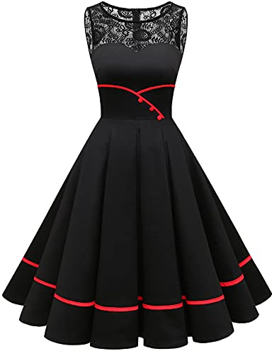 Bbonlinedress Damen Cocktailkleid Rockabilly Spitzenkleid 50er Retro Vintage Faltenrock Elegant Ärmellos Rundhals