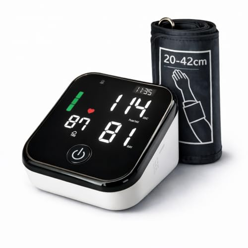 IEA Medical Blutdruckmessgerät Oberarm - Kratzfestes LED-Display, Präzise Messung, 2x99 Speicher, Arrhythmie-Warnung, Ampel-Farbskala, Manschette 22-42cm, USB-C