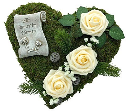 Grabgesteck Grabschmuck Grabaufleger Moosherz Grabherz Trauerherz Grab Herz Gesteck Rosen mit Schriftrolle Für Immer im Herzen (Rosen Creme)