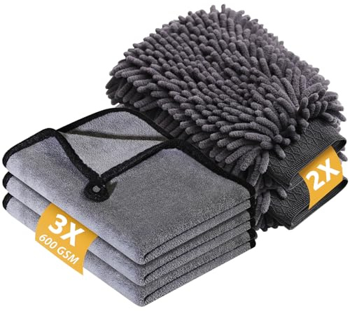 KEYAYE Autopflege Set mit 3 Stück Mikrofasertücher Auto & 2er Mikrofaser Waschhandschuh, 600 GSM Auto Trockentuch zum Kratzfreien Trocknen & Polieren, Extra Saugstark und Schonend Weich, 40x30cm