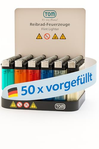 TOM 50 Einwegfeuerzeuge – Reibradfeuerzeuge im Display | 50 Gasfeuerzeuge mit Gas befüllt, Reibrad und 5 Farben – Einwegfeuerzeug Set für Haushalt & Alltag