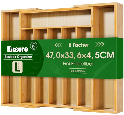 Kitsure Besteckkasten für Schubladen - Schubladen Organizer Küche mit 8 Fächern, stabiler Besteckkasten aus Bambus als vielseitiger Küchen Organizer, 33,6 x 4,5 x 29,0-47,0 cm