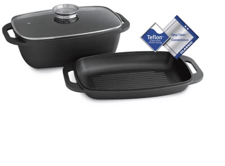 KITCHEN CREW Aluguss Bräter 5,8 Liter inkl. Grilldeckel mit integr. Aromaknopf, Alugussbräter, Schmorpfanne, Kasserolle mit Dampfloch, Oval, antihaft Teflonbeschichtung bis 240°C
