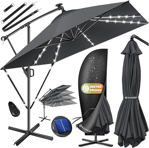 KESSER® Ampelschirm Sonnenschirm Rechteckig | Kurbel-Schirm mit Ständer UV-Schutz Aluminium Wasserabweisend 250 x 250 cm Gartenschirm, inkl. Windsicherung & Abdeckung, Anthrazit