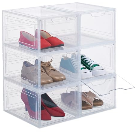 Relaxdays Schuhboxen 6er Set, mit Tür, Schuhorganizer, stapelbar, für Schuhe bis Größe 50, Sneaker Boxen, transparent