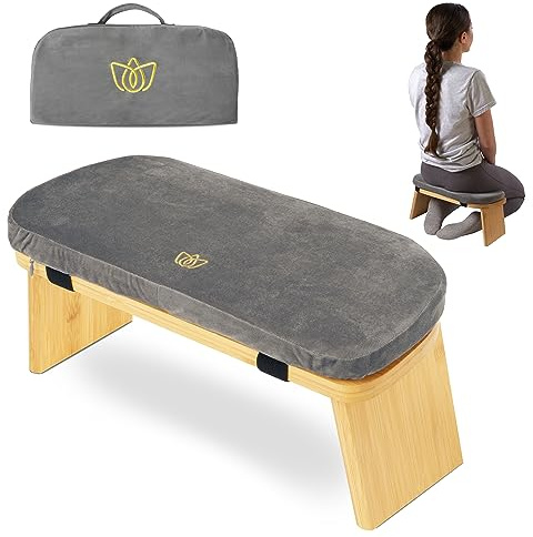 Florensi Meditationsbank - Meditationsbank Klappbar - Ergonomischer Bambus Meditationshocker - Stabiler Meditationsstuhl mit Meditationskissen zum Knien & Sitzen - Tiefere & Längere Meditation