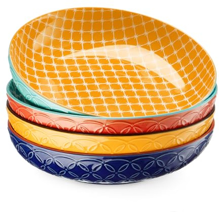 DOWAN Pastateller Groß Tief 4er Set, Ø 21,5 cm, Porzellan Suppenteller Tief | Keramik Bowl Teller für Pasta, Nudeln, Suppe und Salat, klassische Nudelteller, tiefe Teller, lebendige Farben