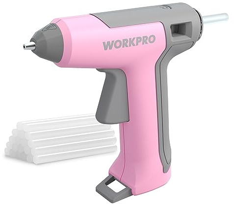 WORKPRO Heißklebepistole Akku kabellos 3,6V, Akku Klebepistole mit 20 Stück Klebesticks 7mm & Ladekabel, 90s Aufheizung, USB-Aufladung, Kompakte Größe 15,8 x 16 cm, Grau und rosa
