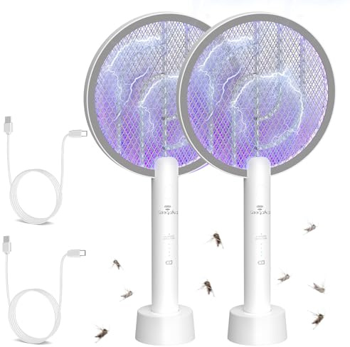 2er Elektrische Fliegenklatschen Weiß 4000V, Elektrische Mückenklatschen 2in1 Mückenlampe, UV Elektrischer Fliegenfänger Insektenfalle mit Ladestation, USB Aufladbar, Insektenvernichter Innen Außen