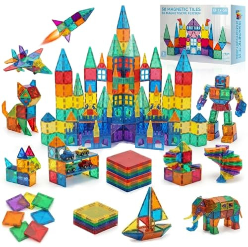 SURFOU 58 Magnetische Fliesen Kinderspielzeug STEM Magnet Montessori Spielzeug, Sensorisches Spielzeug, Kinderspiele, Magnetische Bausteine für Jungen und Mädchen, 3 4 5 6 7 8 Jahre alt