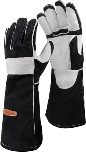 YESWELDER 40cm MIG Schweißerhandschuhe bis 500℃ Gr.10 | Robustes Schmiedeleder in Schwarz/Grau, Kevlar-Nähte & Handflächenverstärkung