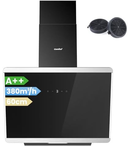 COMFEE' CH60J64ET4A2B A++ Dunstabzugshaube 60 cm, Kopffreihaube 60cm Umluft und Abluft, 380m³/h Luftstrom, Edelstahl/Glas Design mit Touchscreen, LED, Abzugshaube inkl. Kohlefilter, Schwarz