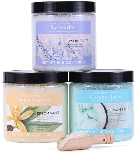 Badesalz Geschenkset SPA LUXETIQUE Epsom Salz Badezusatz Badesalz 3 ätherischen Ölen zur Basenbad, Fußbad, Badekristalle für Frauen- 3er Pack à 480g Geschenke zu Weihnachten, Muttertagsgeschenk