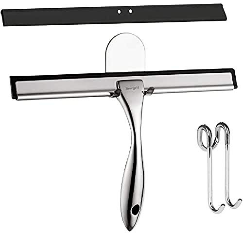 Ibergrif, Duschabzieher mit Halter, Duschwischer mit Wandaufhänger ohne Bohren, Fensterabzieher mit Halterung, Abzieher Dusche Edelstahl für Badezimmer, Küche,Spiegel, Fenster und Auto Glas Reinigung