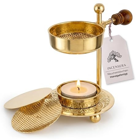 Incensera Räucherstövchen mit Sieb – Gold, Elegantes & Flexibles Räuchergefäß | für Weihrauch, Harze & Kräuter, inkl. 2 Aufsätze & Teelicht, hitzebeständig & leicht zu reinigen