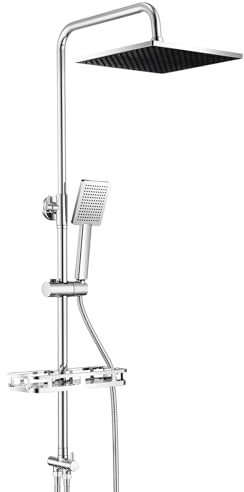 Auralum Regendusche ohne Duscharmatur, Edelstahl Duschsystem mit Bohrfree-ablage, Dusche Komplettset mit Messing-Wasserteiler, 25cmx25cm Duschkopf, Höhenverstellbare Duschstange mit Regendusche, Chrom
