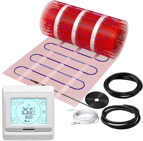 KEZERS Elektrische Fußbodenheizung 150W/m², selbstklebend für Fliesen Laminat und mehr, Touch-Digital-Thermostat mit Wochenprogramm für Badezimmer | Flur | Schlafzimmer | Wohnzimmer,12.0x0.5m - 6.0qm