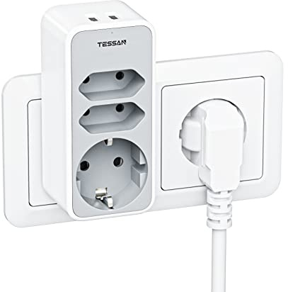 TESSAN Mehrfachstecker mit USB, Doppelstecker für Steckdose, Doppelsteckdose für Steckdose, Steckdosenadapter 3 Fach mit 2 USB, 3600W Mehrfachstecker Ladegerät Kompatibel mit Phone, Grau
