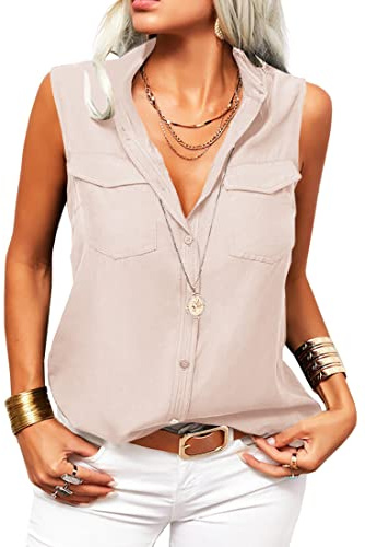 GeGekoko Damen Bluse V-Ausschnitt Tank Top Causal Arbeit Oberteile Lässige Elegant Ärmellose Bluse mit Knöpfen Tops Basic Tunika Shirt,Aprikose,S